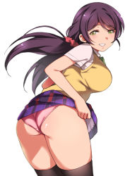 Rule 34 | 1girl, ass, black thighhighs, breasts, clothes lift, cowboy shot, duke (inu daimyou), from behind, green eyes, grin, hair between eyes, hair ornament, hair scrunchie, large breasts, leaning forward, lifting own clothes, long hair, looking at viewer, looking back, love live!, love live! school idol project, low twintails, otonokizaka school uniform, panties, pink panties, plaid, plaid skirt, purple hair, purple skirt, school uniform, scrunchie, shiny skin, shirt, short sleeves, sidelocks, simple background, skirt, skirt lift, smile, solo, sweater vest, thighhighs, thighs, tojo nozomi, twintails, underwear, wedgie, white background, white shirt