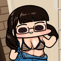 Rule 34 | 1girl, bikini, blue overalls, blush, breasts, brown bikini, chibi, cleavage, glasses, holding own hair, jazz jack, long hair, looking at viewer, lowres, medium breasts, overalls, parted lips, photo-referenced, real life, shinonome umi, smile, solo, swimsuit, twintails