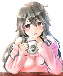 Rule 34 | 1girl, 9610 (kuroto), alternate costume, blush, brown eyes, cup, grey hair, hair ornament, hairclip, haruna (kancolle), highres, holding, holding cup, kantai collection, long hair, long sleeves, mug, off shoulder, pink sweater, solo, sweater, upper body