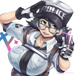 Rule 34 | 1girl, :d, astral chain, black-framed eyewear, black hair, black necktie, breast pocket, breasts, collared shirt, geistbox, glasses, gloves, green eyes, hair between eyes, hat, highres, large breasts, marie wentz, necktie, open mouth, pocket, police, police uniform, policewoman, shirt, short hair, simple background, smile, solo, teeth, thick eyebrows, twitter username, uniform, white background, white shirt
