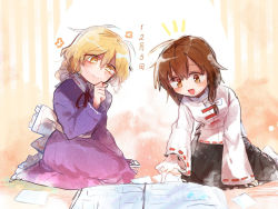Rule 34 | 2girls, black skirt, blonde hair, blush, book, bow, brown eyes, brown hair, chinese clothes, closed mouth, commentary request, drawing (object), dress, flower (symbol), hair bow, indoors, long sleeves, maribel hearn, moyashi (oekaki touhou), multiple girls, no headwear, open book, open mouth, purple dress, red ribbon, ribbon, ribbon trim, shirt, short hair, sitting, skirt, smile, touhou, usami renko, white bow, white shirt, yellow eyes