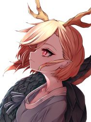 Rule 34 | 1girl, antlers, blonde hair, blue shirt, breasts, bright pupils, cleavage, collarbone, commentary, dragon horns, dragon tail, expressionless, from side, glowing, glowing eyes, highres, horns, kicchou yachie, looking to the side, looking up, pointy ears, profile, red eyes, shirt, short hair, simple background, small breasts, solo, standing, swept bangs, tail, touhou, tsune (tune), turtle shell, upper body, white background, white pupils