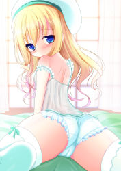 Rule 34 | 1girl, arm support, ass, blonde hair, blue eyes, blush, cameltoe, camisole, feet, frilled panties, frills, from behind, hat, highres, long hair, looking back, lying, okatora, on stomach, original, panties, see-through, solo, spread legs, thighhighs, underwear