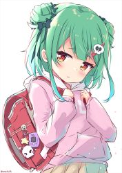 Rule 34 | 1girl, :t, alternate costume, backpack, bag, bag charm, black bow, blush, bow, brown skirt, charm (object), closed mouth, commentary request, double bun, green hair, hair bow, hair bun, hair ornament, hairclip, hands up, highres, hololive, hood, hood down, hoodie, long sleeves, looking at viewer, niwasane (saneatsu03), pink hoodie, pleated skirt, pout, puffy long sleeves, puffy sleeves, randoseru, red eyes, skirt, skull hair ornament, sleeves past wrists, solo, uruha rushia, virtual youtuber, white background