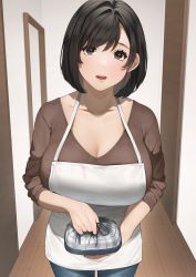 Rule 34 | 1girl, absurdres, apron, bento, black eyes, black hair, blush, breasts, brown shirt, cleavage, collarbone, denim, eyelashes, highres, housewife, indoors, jeans, large breasts, lips, long sleeves, looking at viewer, mature female, non-web source, open mouth, original, pants, parted lips, pink lips, sakura no tomoru hi e, shirt, short hair, solo, teeth, white apron, wooden floor, wrapped bento