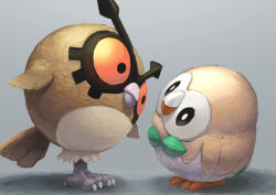 Rule 34 | 10s, 1990s (style), absurdres, animal focus, bird, creatures (company), full body, game freak, gen 2 pokemon, gen 7 pokemon, grey background, head tilt, highres, hoothoot, looking at another, nintendo, no humans, owl, pokemon, pokemon (creature), pokemon gsc, pokemon sm, retro artstyle, rowlet, simple background, standing, t@kuyoa, trait connection