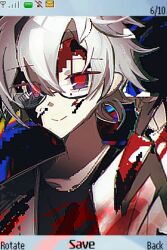 Rule 34 | 1boy, black shirt, blood, blood on clothes, blood on face, bloody knife, blue eyes, chinese commentary, closed mouth, commentary request, glasses, highres, holding, holding knife, kanou aogu, knife, lab coat, long sleeves, male focus, portrait, saibou shinkyoku, semi-rimless eyewear, shirt, short hair, smile, solo, tiegeban, white hair