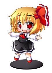 Rule 34 | 1girl, ascot, bad id, bad pixiv id, blonde hair, blush, chibi, embodiment of scarlet devil, faux figurine, female focus, full body, hair ribbon, open mouth, outstretched arms, red eyes, ribbon, rumia, shinjitsu, shirt, short hair, simple background, skirt, skirt set, smile, solo, standing, touhou, white background