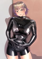 Rule 34 | 1girl, blonde hair, blush, bodysuit, breasts, contrapposto, covered erect nipples, elbow gloves, gloves, highres, kilye kairi, large breasts, latex, latex bodysuit, navel, original, parted lips, short hair, skin tight, skindentation, solo