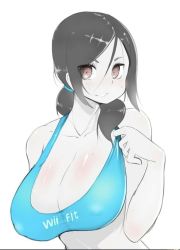 Rule 34 | 1girl, artist request, black hair, breasts, cleavage, covered erect nipples, large breasts, nintendo, ponytail, solo, sports bra, tagme, wii fit, wii fit trainer, wii fit trainer (female)