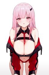 Rule 34 | 1girl, :o, absurdres, bare shoulders, blush, breasts, cleavage, gradient background, hair ornament, highres, hololive, hololive english, jacket, koahri, large breasts, long hair, long sleeves, looking at viewer, mori calliope, navel, open clothes, open jacket, open mouth, pink eyes, pink hair, red eyes, red jacket, simple background, solo, virtual youtuber, white background