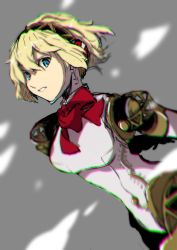 Rule 34 | 1girl, absurdres, aegis (persona), android, blonde hair, blue eyes, bow, breasts, chromatic aberration, grey background, hair between eyes, highres, joints, medium breasts, pakotaroh, parted lips, persona, persona 3, red bow, robot joints, short hair, simple background, solo