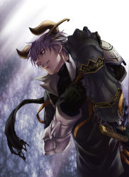 Rule 34 | 00s, 1boy, armor, brown eyes, canal001, coat, gauntlets, gloves, horns, male focus, master of epic, purple hair, smile, solo