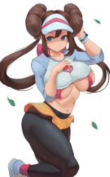 Rule 34 | 1girl, absurdres, alterlesott, areola slip, artlesott, black leggings, blue eyes, breasts, brown hair, clothes lift, covered erect nipples, creatures (company), double bun, game freak, hair bun, hand in own hair, hand on own chest, highres, knee up, large breasts, leggings, long sleeves, looking to the side, navel, nintendo, pokemon, pokemon bw2, rosa (pokemon), shirt, shirt lift, shoes, skirt, smile, sneakers, solo, twintails, visor, visor cap, white background