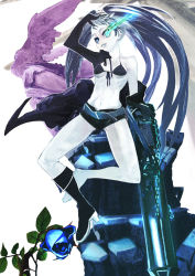 Rule 34 | 10s, 1girl, arm cannon, barefoot, belt, bikini, bikini top only, black hair, black rock shooter, black rock shooter (character), blue eyes, blue flower, blue rose, boots, breasts, chain, flat chest, flower, front-tie top, gloves, glowing, glowing eyes, jacket, knee boots, legs, lipstick, long hair, makeup, midriff, pale skin, rose, scar, shoes, short shorts, shorts, single shoe, solo, stitches, swimsuit, twintails, underboob, uneven twintails, very long hair, weapon, yuuki (irodo rhythm)