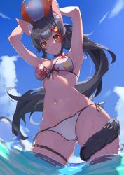 Rule 34 | 1girl, absurdres, animal ear fluff, animal ears, armpits, arms up, ball, beachball, bikini, black hair, blue sky, blush, breasts, choker, cleavage, cloud, groin, hair ornament, hairclip, halterneck, highres, hololive, inuinuo gataken, large breasts, long hair, looking at viewer, looking down, multicolored hair, navel, ocean, ookami mio, ookami mio (hololive summer 2019), ponytail, red hair, shaded face, side-tie bikini bottom, skindentation, sky, smile, solo, stomach, streaked hair, string bikini, sunlight, swimsuit, tail, tail wrap, thick thighs, thigh strap, thighs, toned, virtual youtuber, water, wet, wolf ears, yellow eyes