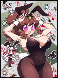 Rule 34 | 2girls, animal ears, arms up, black leotard, breasts, brown hair, brown pantyhose, card, cleavage, covered navel, fake animal ears, fake tail, hairband, highres, index finger raised, large breasts, leaf, leaf on head, leotard, littlecloudie, medium hair, multiple girls, original, pantyhose, pink eyes, playboy bunny, playing card, poker chip, rabbit ears, rabbit tail, short ponytail, tail, v, wrist cuffs