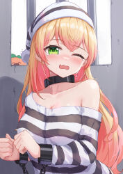 Rule 34 | 1girl, absurdres, green eyes, highres, hololive, long hair, looking at viewer, momosuzu nene, open mouth, orange hair, prison clothes, solo, tearing up, typho, virtual youtuber