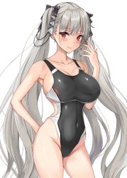 Rule 34 | 1girl, amagi (amagi626), azur lane, bare arms, bare shoulders, black one-piece swimsuit, blush, breasts, cleavage, collarbone, competition swimsuit, covered navel, cowboy shot, formidable (azur lane), grey hair, highleg, highleg swimsuit, highres, large breasts, long hair, looking at viewer, one-piece swimsuit, red eyes, simple background, smile, solo, swimsuit, thighs, twintails, white background