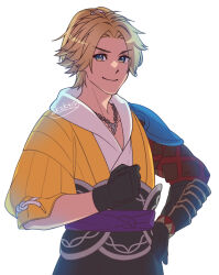 Rule 34 | 1boy, akzk kh, armor, artist name, asymmetrical armor, black gloves, blonde hair, blue eyes, chain necklace, clenched hand, closed mouth, cowboy shot, final fantasy, final fantasy x, gloves, hair tie, hand on own hip, highres, japanese armor, japanese clothes, jewelry, kimono, looking at viewer, male focus, medium hair, multicolored clothes, multicolored kimono, necklace, official alternate costume, parted bangs, ponytail, smile, solo, tidus, white background