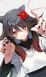Rule 34 | 1girl, absurdres, ahoge, black hair, black nails, blush, claw pose, cone hair bun, double bun, flower, flower-shaped pupils, genshin impact, gradient hair, grin, hair between eyes, hair bun, hair flower, hair ornament, highres, hu tao (genshin impact), jewelry, layered sleeves, long hair, long sleeves, looking at viewer, multicolored hair, nail polish, red eyes, red flower, red hair, ring, short over long sleeves, short sleeves, smile, solo, sugar (dndi888), symbol-shaped pupils, turtleneck, upper body