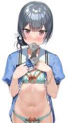 Rule 34 | 1girl, black hair, blue shirt, blush, bow, bow bra, bow panties, bra, bracelet, breasts, clothes lift, condom, condom in mouth, condom packet strip, condom wrapper, hair ribbon, highres, idolmaster, idolmaster shiny colors, jewelry, kanzarin, lace, lace-trimmed bra, lace-trimmed panties, lace trim, looking at viewer, midriff, morino rinze, mouth hold, navel, panties, red eyes, ribbon, sabotaged condom, shirt, shirt lift, small breasts, underwear