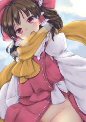Rule 34 | 1girl, blush, bow, breath, brown hair, chikado, detached sleeves, hair bow, hair tubes, hakurei reimu, looking at viewer, no panties, open mouth, out-of-frame censoring, red bow, red eyes, ribbon trim, scarf, solo, touhou