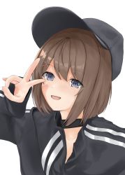 Rule 34 | 1girl, absurdres, alternate costume, baseball cap, black hat, black jacket, brown hair, commentary request, disuto, grey eyes, hair ornament, hat, highres, jacket, kantai collection, maya (kancolle), short hair, simple background, solo, v, white background, x hair ornament