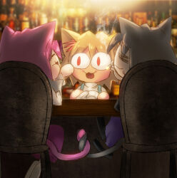 Rule 34 | 1boy, 2girls, animal ears, bar (place), bartender, blonde hair, cat ears, cat girl, chair, chibi, cigarette, closed eyes, grey hair, highres, juki., melty blood, multiple girls, neco-arc, neco-arc chaos, neco-arc destiny, open mouth, pink hair, plate, red eyes, short hair, sitting, smoking, tail, tobacco, tsukihime, type-moon
