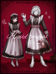 Rule 34 | 1boy, 1girl, :d, :o, akudama drive, alternate costume, apron, black dress, black hair, blood, blood on face, blood on clothes, cup, cutthroat (akudama drive), dress, enmaided, closed eyes, highres, holding, holding mop, holding tray, maid, maid apron, maid headdress, mop, multicolored hair, nemuritaa, open mouth, pale skin, pink eyes, red background, simple background, smile, standing, sweat, swindler (akudama drive), teacup, teapot, tray, two-tone hair, waving, white footwear, white hair, white legwear