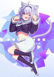 Rule 34 | 1girl, ahoge, animal ears, black footwear, black socks, blush, breasts, cat ears, cat tail, clenched hands, commentary, cropped shirt, cross-laced footwear, english commentary, full body, hair between eyes, hairband, highres, hololive, jumping, kneehighs, kutar22, long sleeves, looking at viewer, medium breasts, midriff, navel, nekomata okayu, nekomata okayu (casual), one eye closed, open mouth, patterned background, paw pose, purple eyes, purple hair, sailor collar, shoes, short hair, short shorts, shorts, smile, socks, solo, tail, virtual youtuber, white neckwear, white shorts