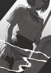 Rule 34 | 1girl, closed mouth, collared shirt, concealed weapon, cowboy shot, dutch angle, genso, greyscale, gun, handgun, looking at viewer, medium skirt, monochrome, original, panties, pistol, pleated skirt, shirt, shirt tucked in, short sleeves, skirt, solo, standing, underwear, weapon