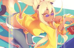 Rule 34 | 1girl, alternate color, alternate eye color, alternate hair color, alternate skin color, animal ears, arc system works, ass, bell, belt, blazblue, blonde hair, bracelet, breasts, candy, cat ears, cat tail, chips (food), coat, dark-skinned female, dark skin, female focus, food, glasses, hair ribbon, handheld game console, hanging breasts, highres, jewelry, juliet sleeves, kneeling, kokonoe (blazblue), lab coat, lollipop, long hair, long sleeves, looking at viewer, mouth hold, multiple tails, n0r0, orange eyes, panties, pants, pantyshot, pince-nez, ponytail, potato chips, puffy sleeves, ribbon, shiny clothes, shoes, solo, tail, thong, underwear, very long hair, whale tail (clothing)