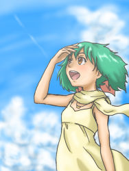 Rule 34 | 00s, 1girl, :d, arm up, bare shoulders, blue sky, blush, brown eyes, cloud, day, dress, green hair, hand on forehead, hirasawa meio, light rays, looking afar, macross, macross frontier, open mouth, outdoors, ranka lee, scarf, sky, smile, solo, sunlight, yellow dress, yellow scarf