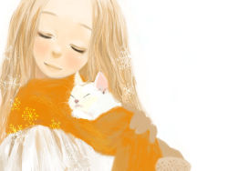 Rule 34 | 1girl, cat, deri (dericom), hug, long hair, orange scarf, original, scarf, snow, snowflakes, solo, upper body