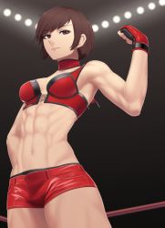 Rule 34 | 1girl, abs, armpits, bad id, bad pixiv id, bare shoulders, bikini, breasts, brown eyes, brown hair, choker, cleavage, clenched hand, closed mouth, commentary request, commission, cowboy shot, fingerless gloves, flexing, gloves, hinomoto reiko, indoors, looking at viewer, medium breasts, midriff, navel, open fly, putcher, red bikini, red choker, red gloves, red shorts, rope, rumble roses, short hair, short shorts, shorts, sidelocks, skeb commission, smile, solo, stage lights, standing, swept bangs, swimsuit, wrestler, wrestling outfit, wrestling ring