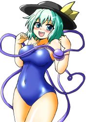 Rule 34 | 1girl, bare shoulders, blue eyes, blue one-piece swimsuit, blush, breasts, competition school swimsuit, covered navel, d-m (dii emu), eyeball, green hair, hat, hat ribbon, heart, heart of string, highres, komeiji koishi, looking at viewer, medium breasts, one-piece swimsuit, open mouth, ribbon, school swimsuit, short hair, smile, solo, standing, swimsuit, third eye, touhou
