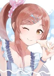Rule 34 | 1girl, absurdres, breasts, brown hair, cleavage, collarbone, cookie, deibadoo, dot nose, dress, eyelashes, fish hair ornament, food, frilled straps, hair ornament, hair scrunchie, hairclip, highres, holding, holding food, idolmaster, idolmaster shiny colors, light blush, long hair, medium breasts, one eye closed, osaki amana, pink scrunchie, polka dot, polka dot scrunchie, scrunchie, side ponytail, smile, solo, swept bangs, upper body, white dress, wristband, yellow eyes