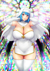 Rule 34 | 1girl, absurdres, armpits, backlighting, bare shoulders, blue hair, breasts, church, cleavage, commentary, cowboy shot, cross, curvy, detached collar, dress, elbow gloves, english commentary, erkaz, facing viewer, gloves, habit, highres, huge breasts, legs together, lips, looking at viewer, medium hair, microdress, no bra, nun, original, red eyes, revealing clothes, rina atherina, side slit, skindentation, solo, stained glass, standing, strapless, strapless dress, thick thighs, thighhighs, thighs, white dress, white gloves, white thighhighs, zettai ryouiki