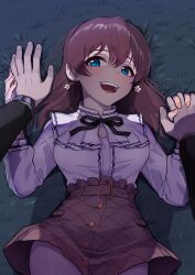 Rule 34 | 1boy, 1girl, belt buckle, blush, brown hair, buckle, center frills, commentary, frills, from above, grass, hetero, highres, holding hands, idolmaster, idolmaster million live!, interlocked fingers, kamille (vcx68), long hair, looking at viewer, lying, on back, on ground, open mouth, pov, pov hands, revision, satake minako, shirt, shirt tucked in, skirt, smile, watch, white shirt, wristwatch