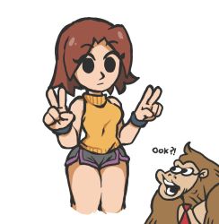Rule 34 | 1boy, 1girl, alternate costume, black eyes, breasts, brown hair, closed mouth, commentary, covered navel, cropped legs, dolphin shorts, donkey kong, donkey kong (series), donkey kong country, double v, english commentary, grey shorts, gummuru, looking at another, looking at viewer, medium breasts, mii (nintendo), mii gunner, necktie, nintendo, orange sweater, parted bangs, raised eyebrows, red neckwear, short hair, short shorts, shorts, simple background, sleeveless, sleeveless turtleneck, super smash bros., sweater, thighs, turtleneck, turtleneck sweater, v, white background, wristband