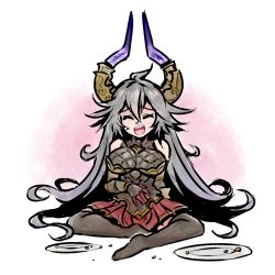 Rule 34 | 1girl, akairiot, black thighhighs, breasts, elbow gloves, closed eyes, food, food on face, full body, gloves, granblue fantasy, grey hair, horns, large breasts, long hair, open mouth, plate, pleated skirt, purple horns, red skirt, shirt, sitting, skirt, sleeveless, sleeveless shirt, smile, solo, thighhighs, threo (granblue fantasy), very long hair