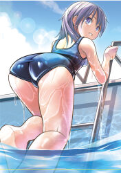 Rule 34 | 1girl, absurdres, ass, barefoot, blue one-piece swimsuit, blue school swimsuit, blue sky, breasts, climbing, cloud, day, feet out of frame, from behind, from below, grey eyes, highres, lens flare, long hair, looking back, one-piece swimsuit, original, outdoors, parted lips, pool, pool ladder, pop (electromagneticwave), purple hair, school swimsuit, sky, small breasts, solo, swimsuit, teeth, water, wet, wet clothes, wet swimsuit