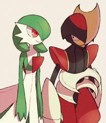 Rule 34 | bisharp, black eyes, closed mouth, creature, creatures (company), eye contact, frown, game freak, gardevoir, gen 3 pokemon, gen 5 pokemon, looking at another, nintendo, pokemon, pokemon (creature), red eyes, shiwo (siwosi), simple background, smile, standing, upper body, white background