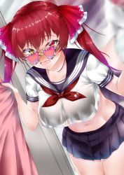 Rule 34 | 1girl, absurdres, alternate costume, arrow through heart, bad id, bad twitter id, blue skirt, blurry, blurry background, blush, breasts, commentary request, cowboy shot, crop top, dressing room, embarrassed, fang, full-face blush, gradient hair, hair ribbon, hands up, heart, heart-shaped eyewear, heterochromia, highres, hololive, houshou marine, large breasts, leaning forward, legs together, long hair, looking at viewer, looking over eyewear, looking over glasses, midriff, miniskirt, mirror, multicolored hair, neckerchief, open mouth, pink-tinted eyewear, pink-tinted glasses, pleated skirt, purple hair, red eyes, red hair, red ribbon, ribbon, sailor collar, school uniform, see-through, serafuku, shadow, shirt, short sleeves, sidelocks, skin fang, skirt, solo, sunglasses, tinted eyewear, twintails, virtual youtuber, wavy mouth, white shirt, yellow eyes, zyunsei777