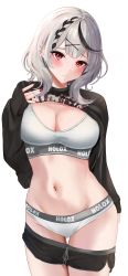 Rule 34 | 1girl, absurdres, ajirou, black hair, black shirt, black shorts, blush, bra, braid, breasts, cleavage, closed mouth, clothes lift, clothes pull, cowboy shot, ear piercing, grey hair, hair ornament, highres, hololive, large breasts, long sleeves, looking at viewer, multicolored hair, nail polish, navel, panties, piercing, red eyes, red nails, sakamata chloe, shirt, shirt lift, short shorts, shorts, shorts pull, simple background, sleeves past wrists, solo, standing, weasel ears, streaked hair, underwear, virtual youtuber, white background, white bra, white panties, x hair ornament