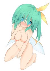 Rule 34 | 1girl, blue eyes, blush, breasts, daiyousei, denpaken pochi, fairy wings, green hair, looking at viewer, nipples, nude, simple background, solo, touhou, white background, wings
