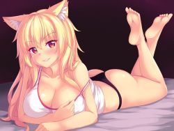 Rule 34 | 1girl, animal ear fluff, animal ears, ass, barefoot, black panties, blonde hair, blush, breasts, cat ears, cleavage, feet, gradient background, highres, large breasts, long hair, looking at viewer, lying, no pants, nottytiffy, on stomach, original, panties, red eyes, slit pupils, smile, soles, solo, strap slip, the pose, tiffy (nottytiffy), toes, underwear