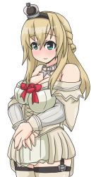 Rule 34 | 10s, 1girl, bad hands, blonde hair, blush, breasts, cowboy shot, crown, dress, garter straps, green eyes, highres, jewelry, kantai collection, large breasts, long hair, necklace, off-shoulder dress, off shoulder, open mouth, smile, solo, thighhighs, warspite (kancolle), white background, yuuki shishin, zettai ryouiki