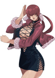 Rule 34 | 1girl, absurdres, breasts, cleavage, dress, highres, large breasts, red hair, shermie (kof), simple background, snk, the king of fighters, the king of fighters xv, white background